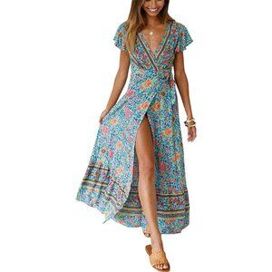 PRETTYGARDEN Boho Summer Wrap Deep V Neck Short Sleeves Maxi Dress w Belt XL